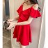 Women Summer V neck Dress Sexy Off Shoulder High Waist Dress Simple Solid Color Short Sleeves A line Skirt bright red M