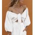 Women Summer Vintage Sexy Loose Beach Vacation Puff Sleeve Bow knot Chiffon Shirt  White M