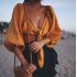 Women Summer Vintage Sexy Loose Beach Vacation Puff Sleeve Bow knot Chiffon Shirt  Yellow M
