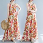 Women Sun Dresses Bohemian Vintage Floral Print Round Neck Sleeveless Tank Dresses Casual Summer Beach Party Dresses orange M