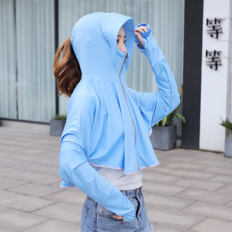 Women Sunscreen Clothing Summer Hooded Breathable Shawl Outdoor Zipper Riding Sun Protection Clothing blue_One size