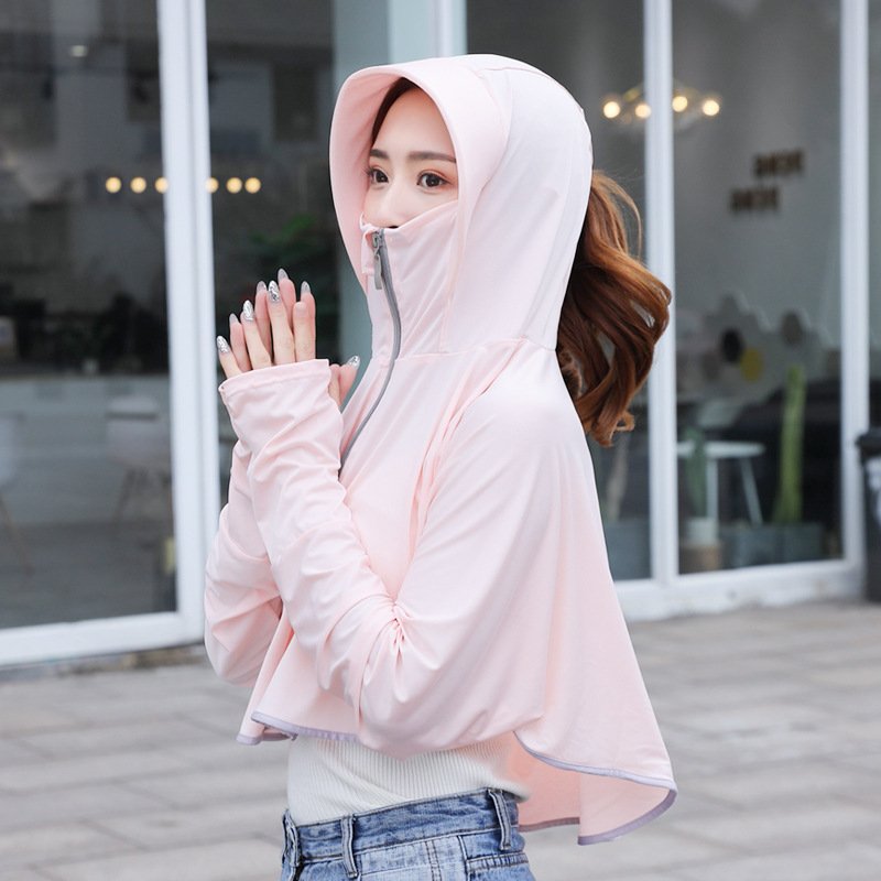 Women Sunscreen Clothing Summer Hooded Breathable Shawl Outdoor Zipper Riding Sun Protection Clothing apricot_One size