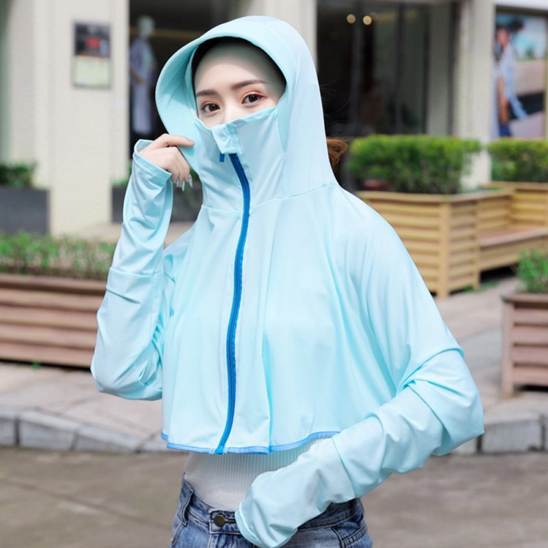 Women Sunscreen Clothing Summer Hooded Breathable Shawl Outdoor Zipper Riding Sun Protection Clothing Light blue_One size