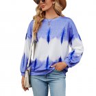Women Sweatshirt Long Sleeve Round Neck Pullovers Trendy Contrast Color Tie Dye Loose Casual Tops blue L