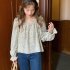 Women Sweet Floral Printing T shirt Trendy Square Neck Long Sleeves Pullover Blouse Loose Casual Tops As shown One size fits all