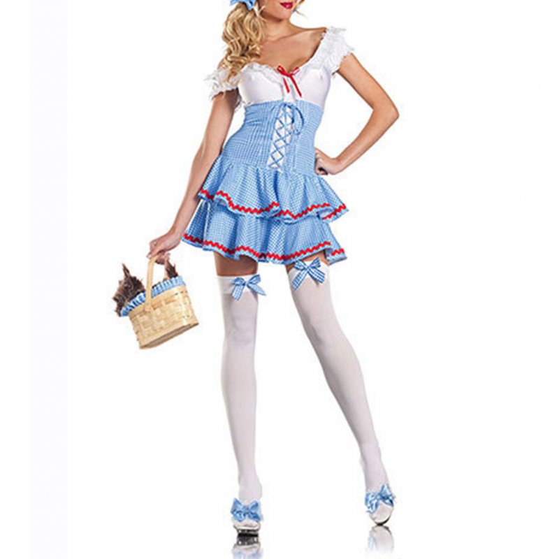 Women Sweet Style Plaid Printing Dress Cosplay Housemaid Costumes for Oktoberfest Halloween Party blue_One size