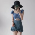 Women Swimming Suit Thin Type Solid Color Conservative Short sleeve Swimsuit Blue  Int M