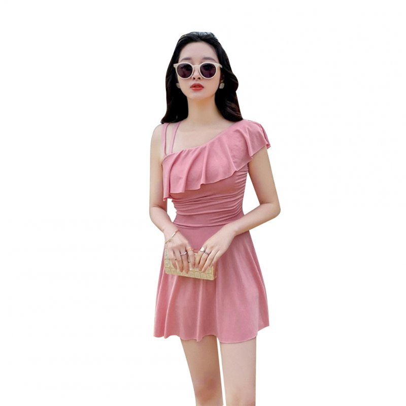 Women Swimsuit Conservative Solid Color Thin Type One-piece Boxer Shorts Swimwear Pink_L