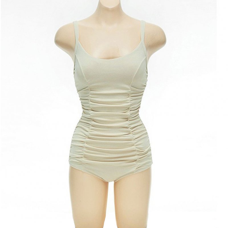 Women Swimsuit Nylon Pleated Multi-layer Backless One-piece Swimsuit Beige_xl