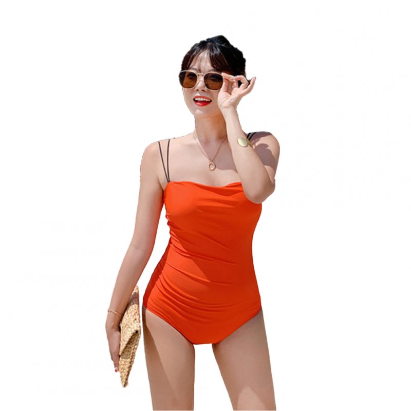 Women Swimsuit Nylon Solid Color One-piece Open Back Swimwear For Summer Beach Holiday Orange_XL