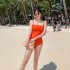 Women Swimsuit Nylon Solid Color One piece Open Back Swimwear For Summer Beach Holiday Orange L