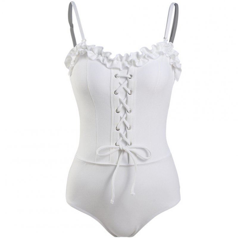 Women Swimsuit Nylon Solid Color One-piece Strappy High-waist Swimsuit white_l