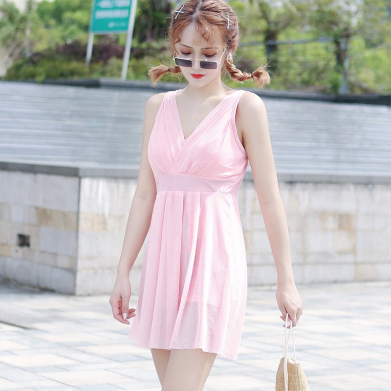 Women  Swimsuit  Skirt-style One-piece Sleeveless Plain Color Gauze Sexy Slimming Swimsuit Pink_S