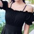 Women Swimsuit Solid Color Skirt style One piece Swimsuit For Summer Beach Holiday black S