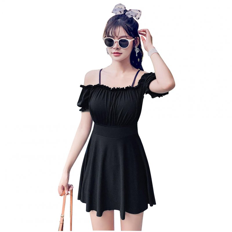 Women Swimsuit Solid Color Skirt-style One-piece Swimsuit For Summer Beach Holiday black_XL