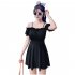 Women Swimsuit Solid Color Skirt style One piece Swimsuit For Summer Beach Holiday black S