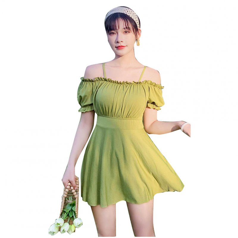 Women Swimsuit Solid Color Skirt-style One-piece Swimsuit For Summer Beach Holiday green_M