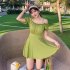 Women Swimsuit Solid Color Skirt style One piece Swimsuit For Summer Beach Holiday green XL