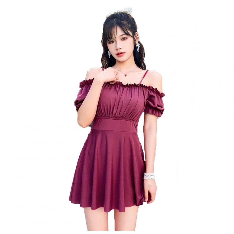 Women Swimsuit Solid Color Skirt-style One-piece Swimsuit For Summer Beach Holiday Wine red_XL