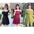 Women Swimsuit Solid Color Skirt style One piece Swimsuit For Summer Beach Holiday Wine red XL