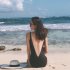 Women Swimwear Sexy Solid Color Triangle Backless One piece Swimsuit black m