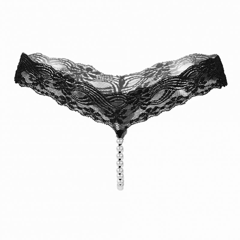 Wholesale Women T-back Pearl G-string Sexy Underwear Low-waist Tassels Lace  Ladies T-back Underwear Pants Thong 2142 # Black_One size From China