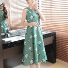 Women Tank Dress Elegant Printing Round Neck Sleeveless Midi Skirt Casual Large Swing Dress green M