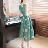 Women Tank Dress Elegant Printing Round Neck Sleeveless Midi Skirt Casual Large Swing Dress green L