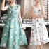 Women Tank Dress Elegant Printing Round Neck Sleeveless Midi Skirt Casual Large Swing Dress green L