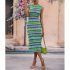 Women Tank Dress Fashion Stripe Contrast Color Knitted Long Skirt Slim Fit Sleeveless Sundresses green M