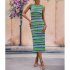 Women Tank Dress Fashion Stripe Contrast Color Knitted Long Skirt Slim Fit Sleeveless Sundresses green M