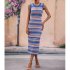 Women Tank Dress Fashion Stripe Contrast Color Knitted Long Skirt Slim Fit Sleeveless Sundresses green S