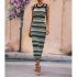 Women Tank Dress Fashion Stripe Contrast Color Knitted Long Skirt Slim Fit Sleeveless Sundresses green M