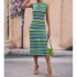 Women Tank Dress Fashion Stripe Contrast Color Knitted Long Skirt Slim Fit Sleeveless Sundresses green M