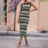 Women Tank Dress Fashion Stripe Contrast Color Knitted Long Skirt Slim Fit Sleeveless Sundresses green M