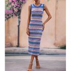 Women Tank Dress Fashion Stripe Contrast Color Knitted Long Skirt Slim Fit Sleeveless Sundresses blue XL