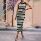 Women Tank Dress Fashion Stripe Contrast Color Knitted Long Skirt Slim Fit Sleeveless Sundresses black S
