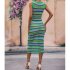 Women Tank Dress Fashion Stripe Contrast Color Knitted Long Skirt Slim Fit Sleeveless Sundresses green L