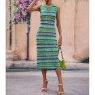 Women Tank Dress Fashion Stripe Contrast Color Knitted Long Skirt Slim Fit Sleeveless Sundresses green L