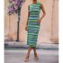 Women Tank Dress Fashion Stripe Contrast Color Knitted Long Skirt Slim Fit Sleeveless Sundresses green L