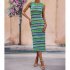 Women Tank Dress Fashion Stripe Contrast Color Knitted Long Skirt Slim Fit Sleeveless Sundresses green L
