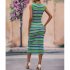 Women Tank Dress Fashion Stripe Contrast Color Knitted Long Skirt Slim Fit Sleeveless Sundresses green L
