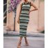 Women Tank Dress Fashion Stripe Contrast Color Knitted Long Skirt Slim Fit Sleeveless Sundresses black M