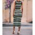 Women Tank Dress Fashion Stripe Contrast Color Knitted Long Skirt Slim Fit Sleeveless Sundresses green XL