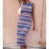 Women Tank Dress Fashion Stripe Contrast Color Knitted Long Skirt Slim Fit Sleeveless Sundresses blue S
