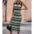 Women Tank Dress Fashion Stripe Contrast Color Knitted Long Skirt Slim Fit Sleeveless Sundresses black M