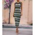 Women Tank Dress Fashion Stripe Contrast Color Knitted Long Skirt Slim Fit Sleeveless Sundresses black M