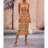 Women Tank Dress Fashion Stripe Contrast Color Knitted Long Skirt Slim Fit Sleeveless Sundresses blue S
