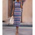Women Tank Dress Fashion Stripe Contrast Color Knitted Long Skirt Slim Fit Sleeveless Sundresses blue S