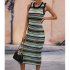 Women Tank Dress Fashion Stripe Contrast Color Knitted Long Skirt Slim Fit Sleeveless Sundresses blue M